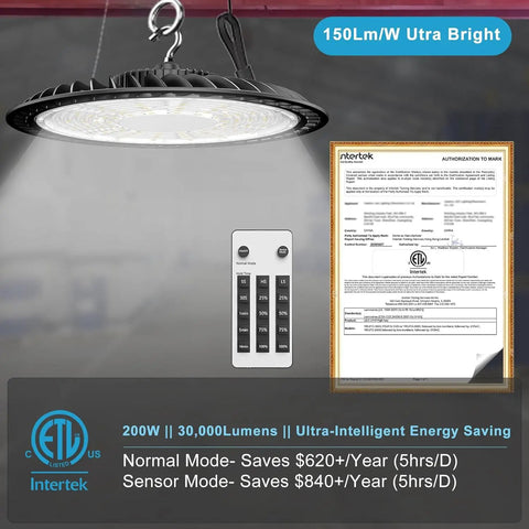 Smash The Shadows With These 200W Led High Bay Lights Packing 30000 Lumens UFO profile with motion sensor remote control.