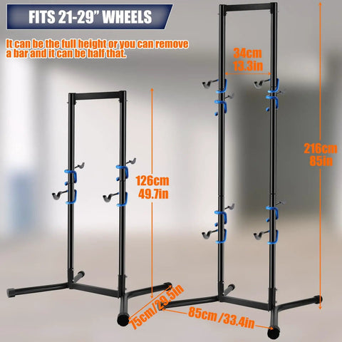 Freestanding Bike Storage Rack For Garage Holds Four Bikes With Adjustable Arms Gravity Indoor Stand Space Saving Vertical Design For MTB And Road Bikes Up To 240lbs No Drill Easy Setup in extended and retracted position