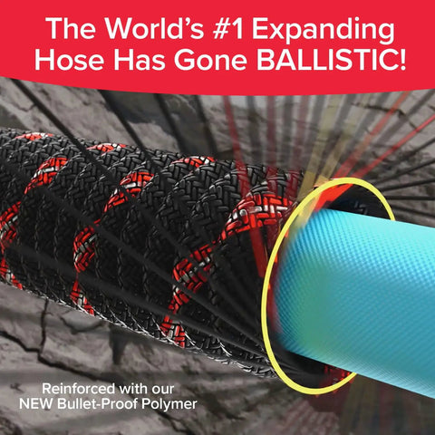 Ballistic 50 Ft Expandable Garden Hose No Kink Flexible Water Hose Expands Up To 3X For Quick Reach 3/4 Inch Inner Diameter Lightweight Compact Self Draining Storage Durable Anti Burst Sleeve As Seen On TV with reinforced polymer sleeve close-up