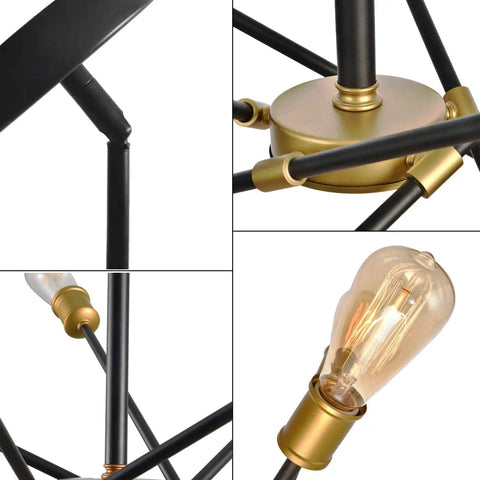 Close-up of Vintage Sputnik 10 Light Pendant Chandelier In Black And Gold Brushed Finish details with exposed bulb and rods.