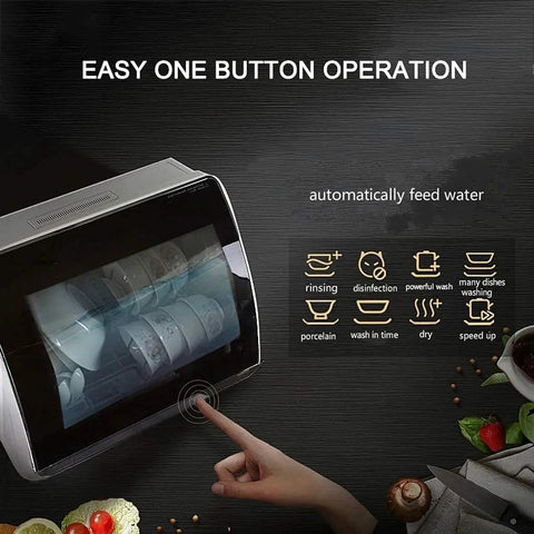 Freestanding Countertop Dishwasher With Auto Dry Storage And Snappy Touch Controls For Rapid Cleaning Cycles high Temp Sterilization And Smart Power Savings showcasing easy one button operation and dishware inside.