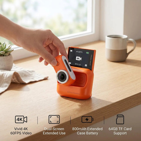 Display of 4K Magnetic Action Camera With 48MP Sensor Dual Battery System 2.0 Inch Flip Touch Screen EIS Stabilization 200fps Slow Motion