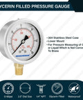 2.5-inch glycerin-filled pressure gauge with 304 stainless steel case, 0–60 psi (0–400 kPa), lower 1/4in NPT mount