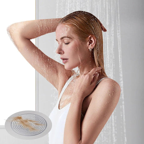 Straight Up Heavy Duty Stainless Steel Hair Catcher for Shower and Tub Drain with Thick Rubber Seal Non Slip Fit in use under shower.