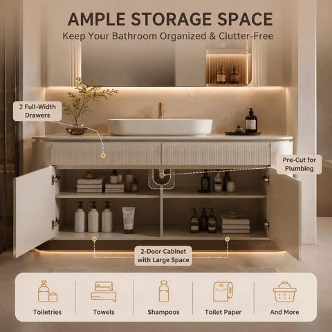 Ample storage space in 42 Inch Freestanding Single Sink Bathroom Vanity With Defogging LED Mirror Cabinet And Soft Neutral Finish.