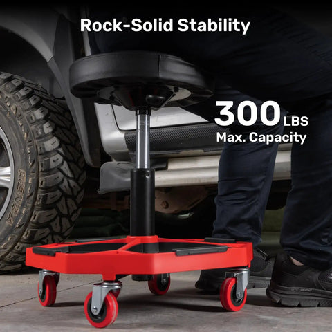 Built Tough Rolling Mechanic Stool With A Hefty 300 Lbs Rating, Adjustable Height Setup For Garage Shop Work, Swivels Slick On Floors, And Comes Loaded With Dual Tool Trays For Easy Access During Any Job