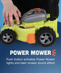 Child using a toy lawn mower from Six Piece Power Gardening Toy Set For Kids Ages 3 And Up Featuring A Child Safe Leaf Blower Chainsaw Lawn Mower Weed Trimmer And More For Indoor Outdoor Play