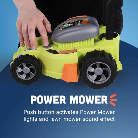 Child using a toy lawn mower from Six Piece Power Gardening Toy Set For Kids Ages 3 And Up Featuring A Child Safe Leaf Blower Chainsaw Lawn Mower Weed Trimmer And More For Indoor Outdoor Play