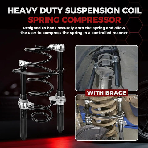 2-Piece Coil Spring Compressor Kit with double retention anti-drop system shown with automotive struts and adjustable brace