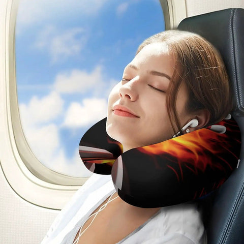 Woman using U Shaped Travel Pillow For Neck And Head Support Super Cozy Napping Cushion For Flights And Car Rides