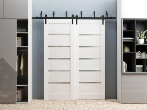Interior Barn Bypass Sliding Doors With Frosted Glass And White MDF Panels 84 By 96 Inches Modern Style Hardware Installed