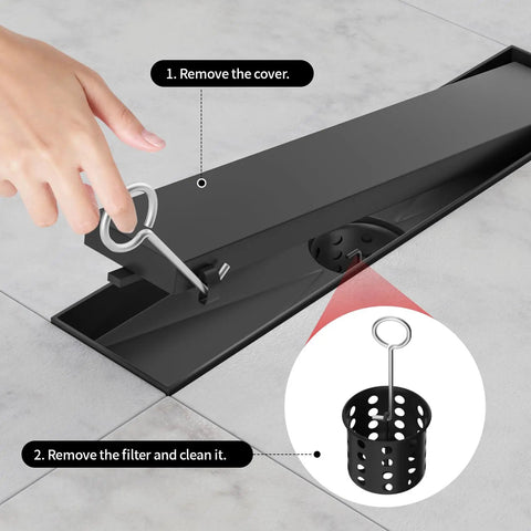Close-up of 12 Inch Black Linear Shower Drain Crafted From Premium 304 Stainless Steel showing filter removal and cleaning process.