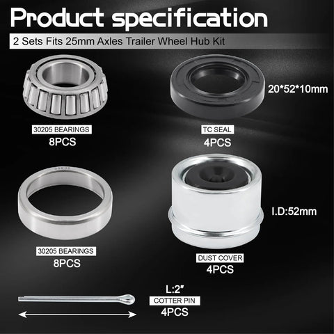 Ruikarhop 30205 trailer bearing kit with 8 bearings, 4 TC seals, 4 dust covers, 4 cotter pins for 25mm axles