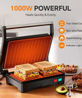Upgrade Your Kitchen Game With This 1000W Panini Press And Grill showcasing thick sandwiches on non-stick plates.