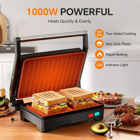 Upgrade Your Kitchen Game With This 1000W Panini Press And Grill showcasing thick sandwiches on non-stick plates.