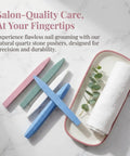 Stone Nail File Set With Pumice Stick And Cuticle Pusher For Fingernails And Toenails Care on white tray with towel and leaves