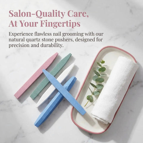 Stone Nail File Set With Pumice Stick And Cuticle Pusher For Fingernails And Toenails Care on white tray with towel and leaves