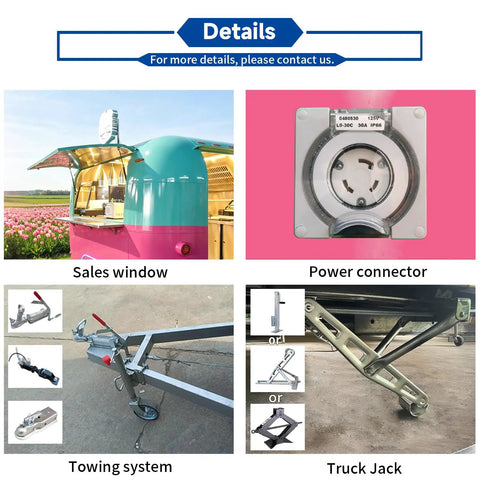 Heavy Duty Commercial Pizza Food Truck showing bright sales window, power connector, towing system, and truck jack features.