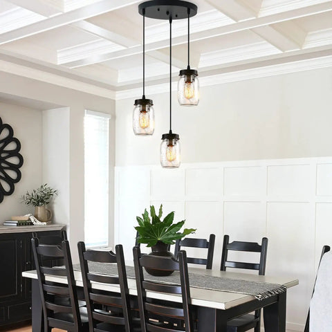 Dining room with Three Light Mason Jar Pendant Chandelier For Farmhouse Kitchen And Dining Room, Adjustable Ceiling Light Fixture With Glass Jars