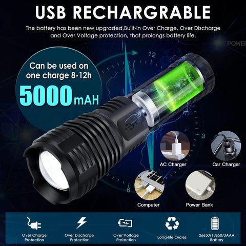 Beefy 2000 Lumen Rechargeable Tactical Flashlight With 10 Modes Waterproof LED Beam Up To 1000m 2025 Upgrade XHP70 battery details