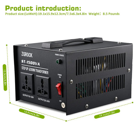 Heavy Duty 1500W Voltage Converter Transformer For 110V To 220V And 220V To 110V With Dual Circuit Breaker Protection showing side view with dimensions.