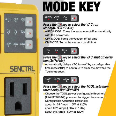 SENCTRL automatic vacuum switch for power tools—yellow housing with AUTO/OFF/ON and 3s/7s/10s timer settings