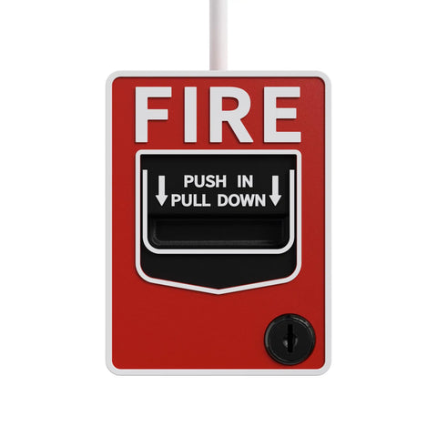 Red fire alarm pull station with push and pull down instructions, designed for fire detection systems and safety compliance.