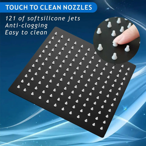 Close-up of Epic High Pressure Rain Shower Head 10 Inch Black Made From 304 Stainless Steel With Air In Technology Delivers Boss Flow And Relaxing Massage Even At Low Water Pressure, featuring touch-to-clean nozzles.