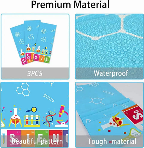 Set Of 3 Lit Science Tablecloths For Kids Party Lab Theme Decorations With Colorful Test Tubes Microscope And Molecule Graphics 108 By 51 Inch Table Covers showcasing premium waterproof material and vibrant patterns in pack of 3.
