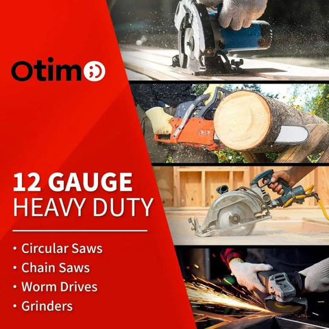 Otim 12 Gauge Heavy Duty tools including circular saws, chain saws, worm drives, and grinders in use