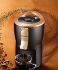 Premium Automatic Bean To Cup Coffee Maker With 24 Hour Timer brewing coffee into a glass cup with a gold and black design.