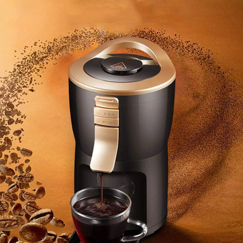 Premium Automatic Bean To Cup Coffee Maker With 24 Hour Timer brewing coffee into a glass cup with a gold and black design.