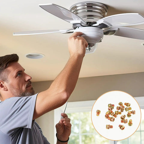Man securing a ceiling fan using Rock Solid Copper Finished Ceiling Fan Blade Screws 20 Piece Set Of Heavy Duty Carbon Steel Phillips Bolts.