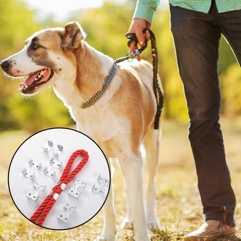 Dog on leash with inset of 20 Pack Heavy Duty Stainless Steel Rope Clamps, Double Clip Set For Three Eighths To One Half Inch Ropes