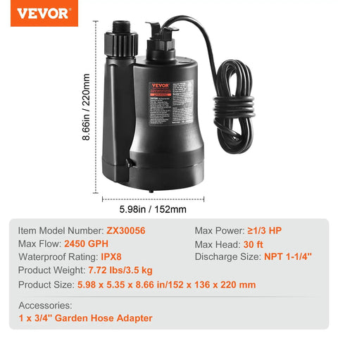 Submersible Sump Pump One Third HP, 2450 GPH High Flow, 30 Feet Head, Heavy Duty Thermoplastic Water Pump With 10 Foot Power Cord