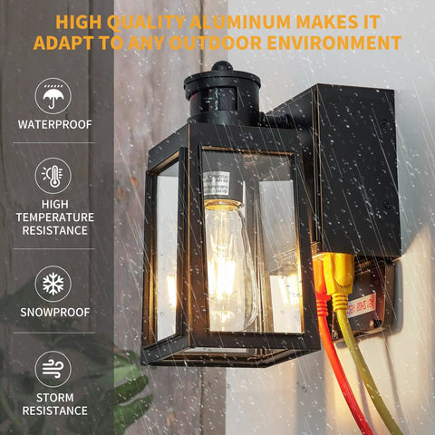 GFCI Porch Light With Dusk To Dawn Motion Sensor Breezy Rustproof Outdoor Lighting Fixture on wall in rain