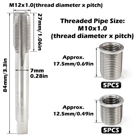 Spark Plug Thread Repair Kit With M10 X 1.0 Bolt And M12 X 1.0 Tap, Stainless Steel Helicoil Set shown in dimensions and pieces.