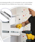 Man installing drawer with Two Piece Drawer Runner Slides Rust Resistant Steel Construction Super Quiet Two Section Rails For Smooth Sturdy Drawer Sliding In Cabinets And Closets For Everyday Use.