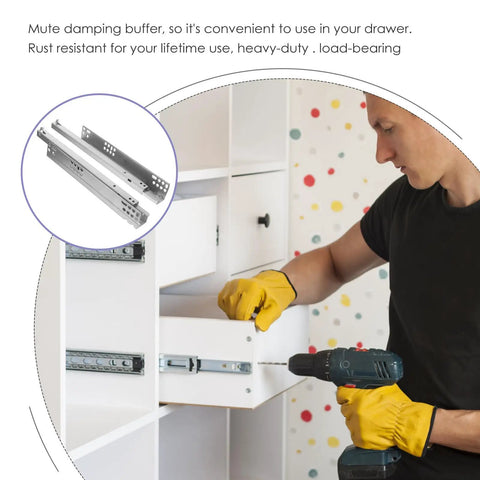 Man installing drawer with Two Piece Drawer Runner Slides Rust Resistant Steel Construction Super Quiet Two Section Rails For Smooth Sturdy Drawer Sliding In Cabinets And Closets For Everyday Use.