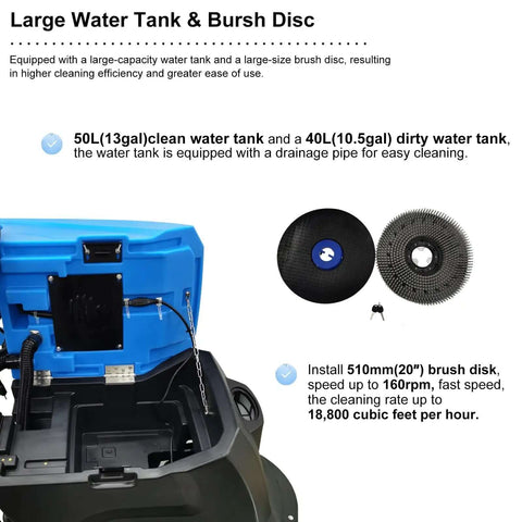 Commercial Floor Scrubber With 20 Inch Cleaning Path Dual Tank System 50L Fresh Water 40L Waste Water Boss Level Auto Industrial Mopping Machine 110V showing large water tank and brush disc