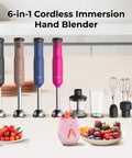 Cordless Rechargeable Immersion Hand Blender 6 In 1 Multi Function Kit With Beaker Whisk Chopper Dual Beater Milk Frother On The Go Fast Charging Heavy Duty Motor For Smoothies Baby Food Soups Blue, four colors displayed with attachments.