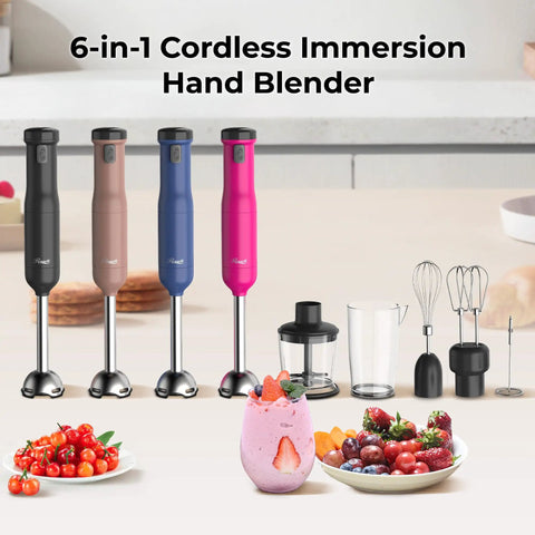 Cordless Rechargeable Immersion Hand Blender 6 In 1 Multi Function Kit With Beaker Whisk Chopper Dual Beater Milk Frother On The Go Fast Charging Heavy Duty Motor For Smoothies Baby Food Soups Blue, four colors displayed with attachments.