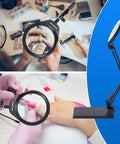 10X Magnifying Desk Lamp With 96 LEDs, 5 Inch Real Glass Lens, shown in use for crafts and nails, with adjustable stand