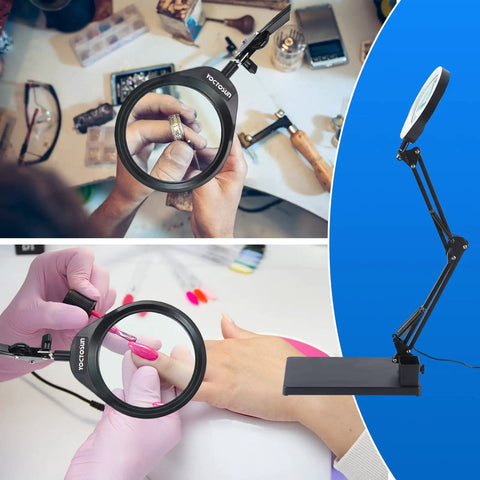 10X Magnifying Desk Lamp With 96 LEDs, 5 Inch Real Glass Lens, shown in use for crafts and nails, with adjustable stand