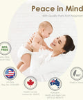 Mother holding baby with BPA Free and certification logos, background text "Peace in Mind with Quality Parts from Maymom"