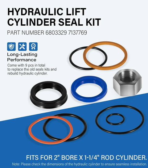 Skid Steer Lift Hydraulic Cylinder Seal Kit 2 Inch Bore Rebuild Kit Fits 444 500 520 530 533 540 542B 543 600 610 620 630 642 642B 643 700 720 721 722 730 731 732 741 742 742B 743 743B 743DS 751 753 Heavy Duty And More Replaces OEM 7137769