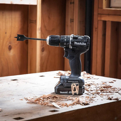 18V LXT Sub-Compact Brushless Drill on workbench with wood shavings, ergonomic 6.5 inch body, includes 2.0Ah battery