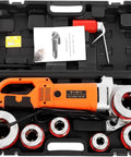 Rock Solid 2300W Electric Pipe Threader With Copper Motor And Six Npt Dies in a sturdy carrying case with accessories.