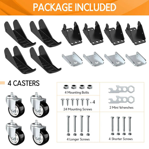 Package contents for Heavy Duty Retractable Caster Wheels Set Of 4 For Workbench And Machinery Benches 880 Lb Capacity Side Mount