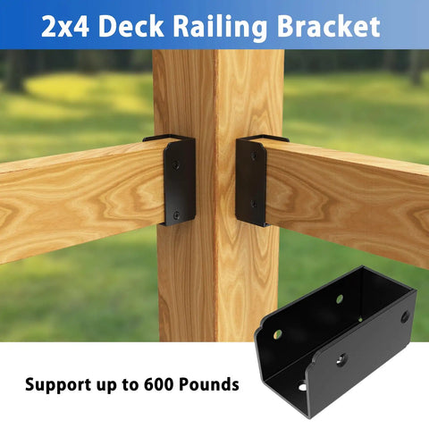 Black 2x4 deck railing bracket attached to wood post, highlighting heavy duty support feature with close-up inset image.